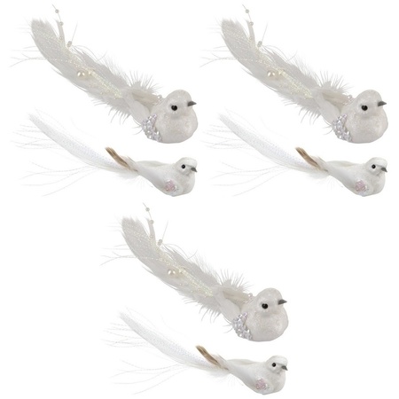 Witte vogeltjes op clip decoratie 6 stuks