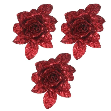 6x Kerstversieringen glitter roos rood op clip 15 cm