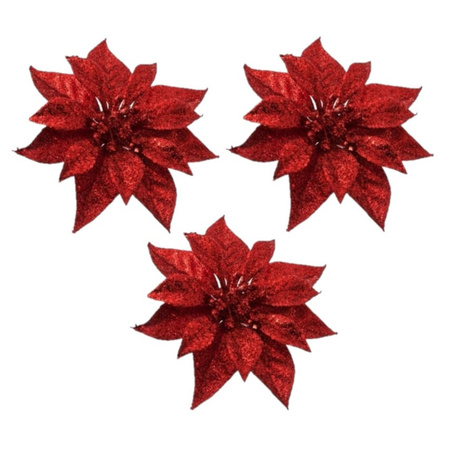 6x Red poinsettia with glitter on clip 18 cm
