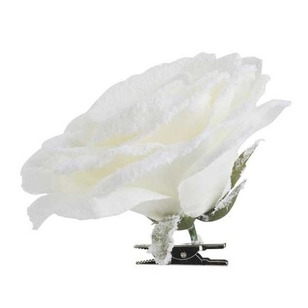 6x Kerstversieringen witte roos met sneeuw op clip 15 x 5 cm