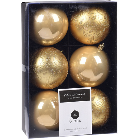 6x Christmas tree decoration luxury plastic baubles gold 8 cm