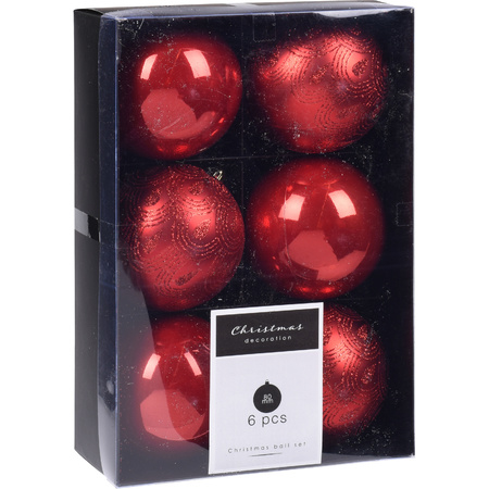 6x Christmas tree decoration luxury plastic baubles red 8 cm