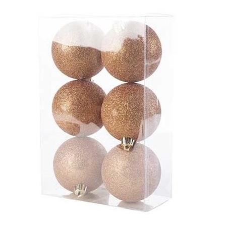 6x Kunststof kerstballen glitter koper 8 cm kerstboom versiering/decoratie