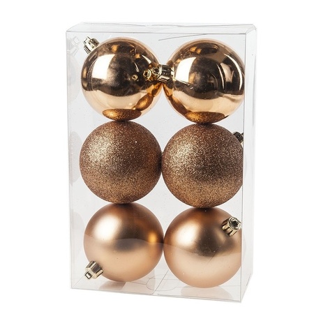 12x stuks kunststof kerstballen mix van koper en zilver 8 cm