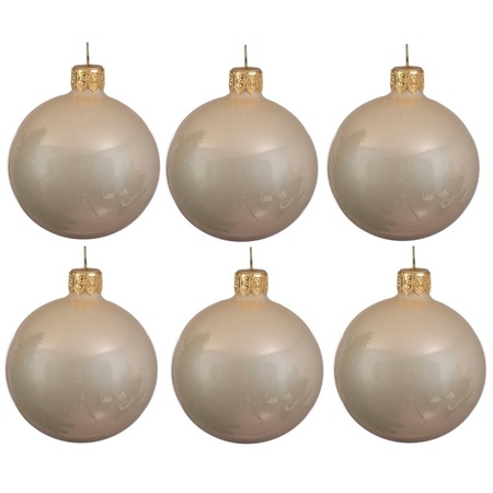 6x Light pearl/champagne glass Christmas baubles 8 cm shiny