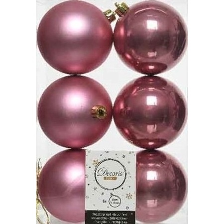 6x Kunststof kerstballen glanzend/mat oud roze 8 cm kerstboom versiering/decoratie