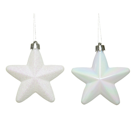 6x Kunststof sterren kerstballen glans/mat/glitter parelmoer wit 7 cm kerstboom versiering/decoratie