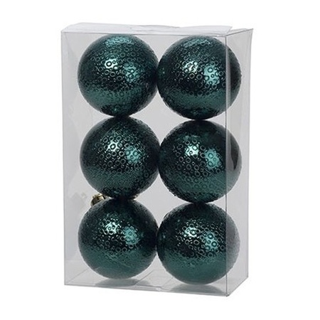 6x Kunststof kerstballen cirkel motief petrol blauw 6 cm kerstboom versiering/decoratie