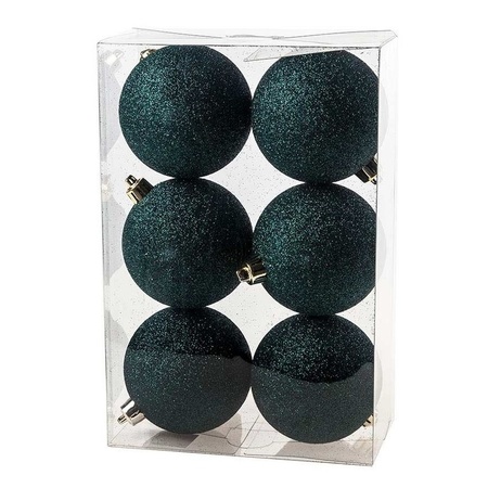 6x Kunststof kerstballen glitter petrol blauw 8 cm kerstboom versiering/decoratie