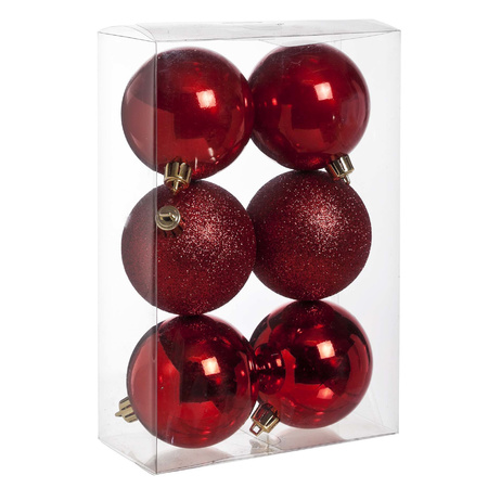 12x stuks kunststof kerstballen mix van rood en roze 8 cm