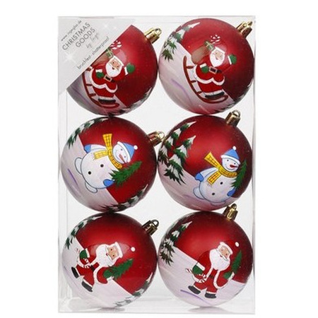 6x Red Christmas baubles 8 cm plastic with print