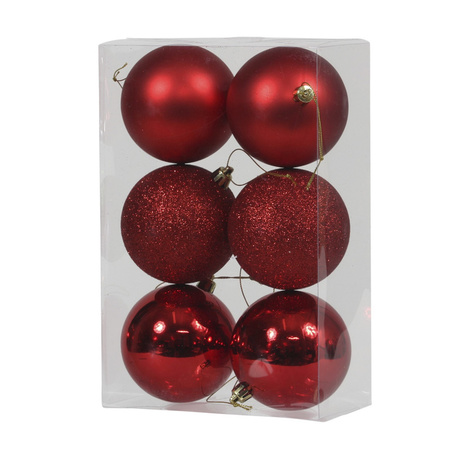 6x Rode kunststof kerstballen 8 cm glans/mat/glitter