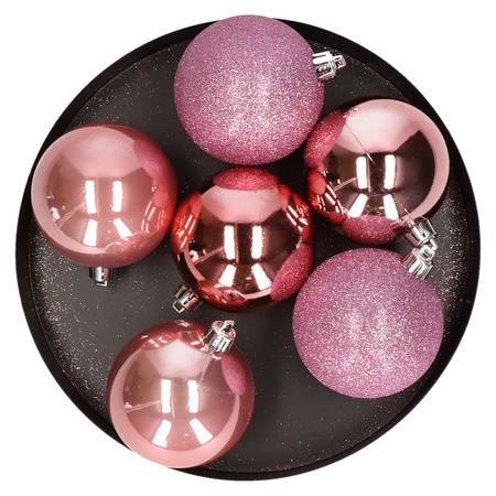 6x Kunststof kerstballen glanzend/mat roze 8 cm kerstboom versiering/decoratie