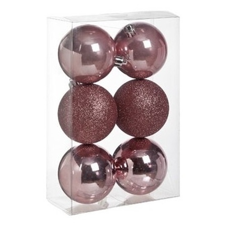 12x stuks kunststof kerstballen mix van koper en roze 8 cm