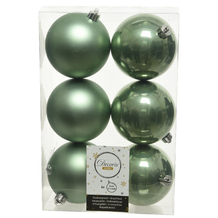 43x pcs plastic christmas baubles sage green 6 and 8 cm shiny/matte/glitter mix
