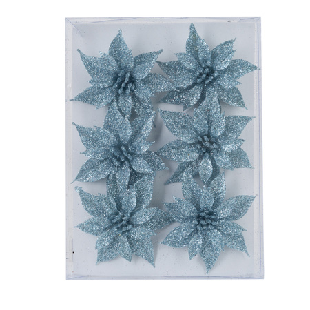 6x decoration flowers ice blue glitter 8 cm
