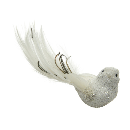 6x decoration birds on clips white glitter 17 cm