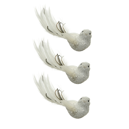 6x decoration birds on clips white glitter 17 cm