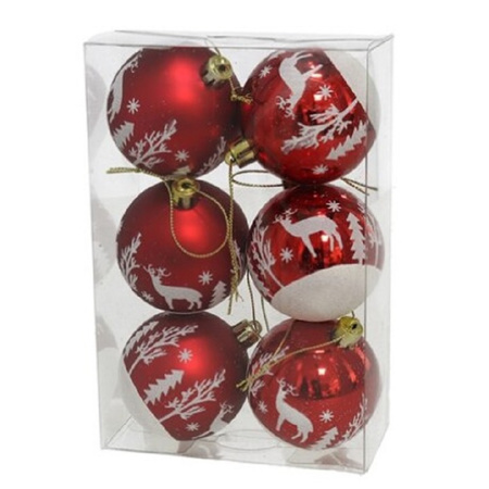Gerimport Kerstballen - rood - 6ST - gedecoreerd - D6 cm - kunststof