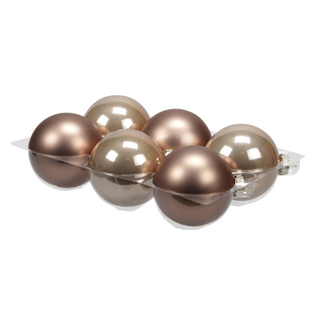 6x Glass christmas baubles ginger brown 8 cm 