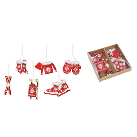 6x stuks houten kersthangers rood/wit wintersport thema kerstboomversiering