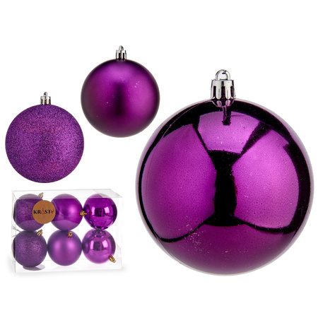 6x pieces christmas baubles purple plastic 8 cm