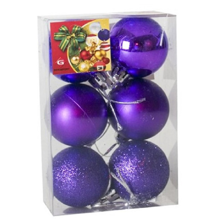 6x stuks kerstballen paars mix van mat/glans/glitter kunststof 4 cm