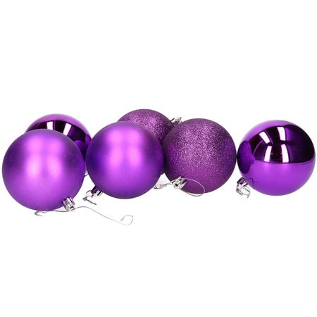 6x stuks kerstballen paars mix van mat/glans/glitter kunststof 8 cm