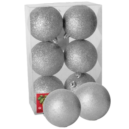 6x stuks kerstballen zilver glitters kunststof 4 cm