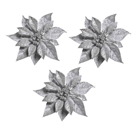 6x stuks Kerstversieringen kerststerren bloemen zilver op clip