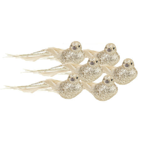 6x stuks kunststof decoratie vogels op clip goud glitter 21 cm