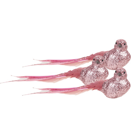 6x stuks kunststof decoratie vogels op clip roze glitter 21 cm