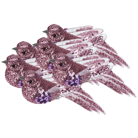 6x stuks kunststof decoratie vogels op clip roze met pailletten 15 cm