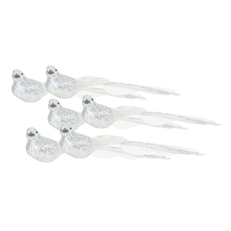 6x stuks kunststof decoratie vogels op clip zilver glitter 21 cm
