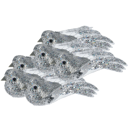 6x stuks kunststof decoratie vogels op clip zilver met pailletten 15 cm