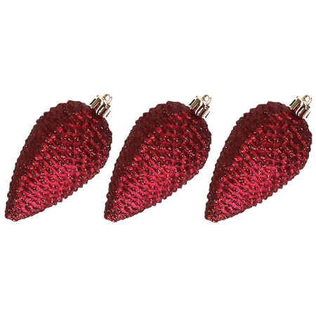 6x pcs plastic pinecones christmas baubles 8 cm dark red glitter