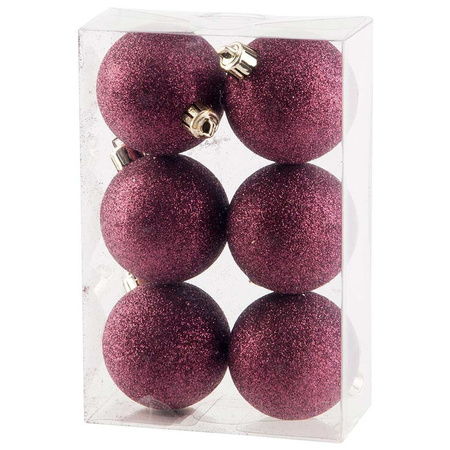 6x stuks kunststof glitter kerstballen aubergine roze 6 cm 