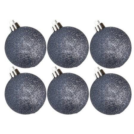 6x stuks kunststof glitter kerstballen donkerblauw 8 cm