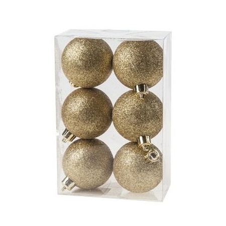 6x stuks kunststof glitter kerstballen goud 6 cm