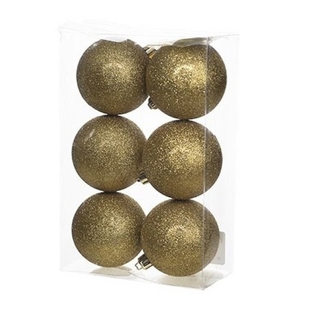 6x pcs plastic glitter christmas baubles gold 8 cm