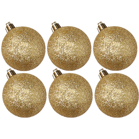 6x stuks kunststof glitter kerstballen goud 8 cm