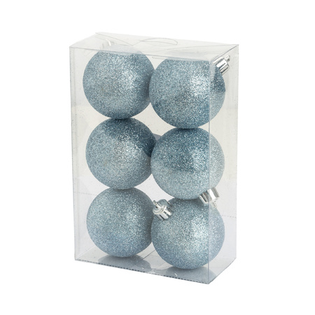 6x stuks kunststof glitter kerstballen ijsblauw 6 cm