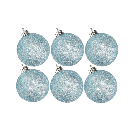 6x stuks kunststof glitter kerstballen ijsblauw 6 cm