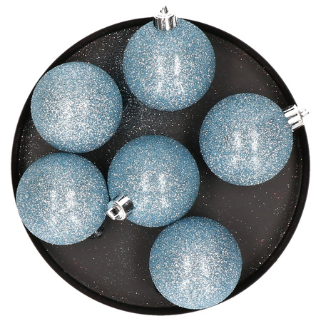 6x stuks kunststof glitter kerstballen ijsblauw 8 cm