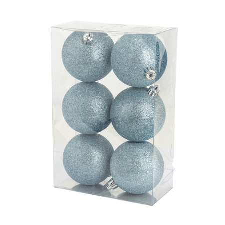 6x pcs plastic glitter christmas baubles ice blue 8 cm