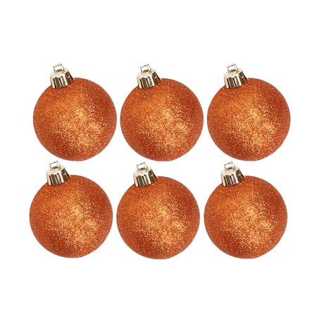 6x stuks kunststof glitter kerstballen oranje 6 cm