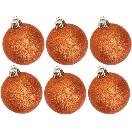 6x stuks kunststof glitter kerstballen oranje 8 cm