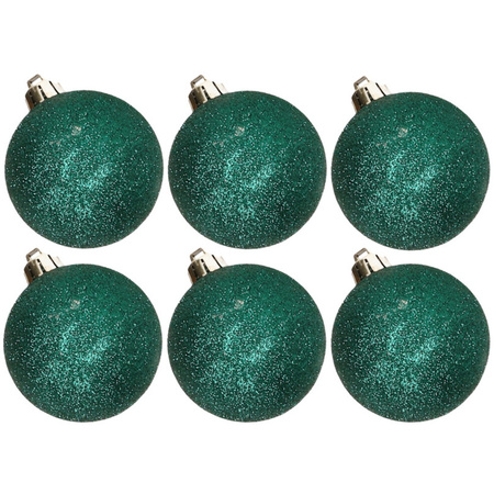 6x stuks kunststof glitter kerstballen petrol groen 8 cm