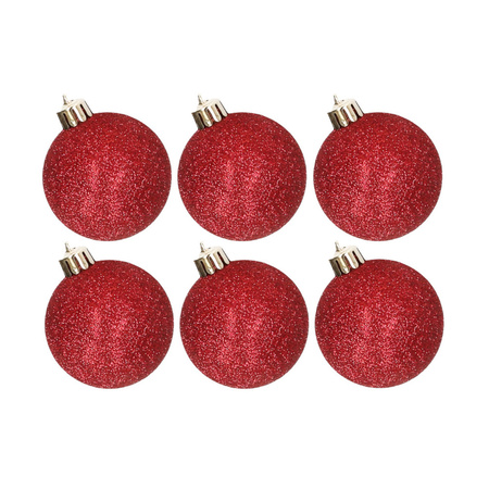 6x stuks kunststof glitter kerstballen rood 6 cm