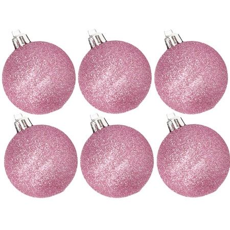 6x stuks kunststof glitter kerstballen roze 8 cm 